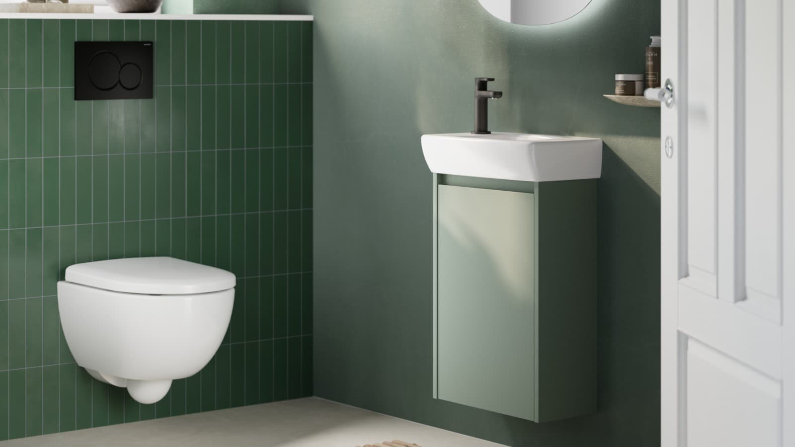 Kleines Bad mit wandhängendem WC und Waschplatz von der Serie Renova Compact. Kleines Bad mit wandhängendem WC und Waschplatz von der Serie Renova Compact.