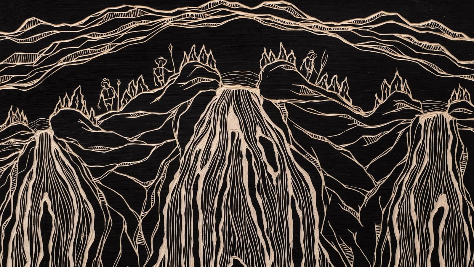 Holzschnitt von Alex Diamond (Jörg Heikhaus) für Geberit: „The three Waterfalls“ (2020). 30 x 40 cm, Acrylfarbe und Holz Holzschnitt von Alex Diamond (Jörg Heikhaus) für Geberit: „The three Waterfalls“ (2020). 30 x 40 cm, Acrylfarbe und Holz