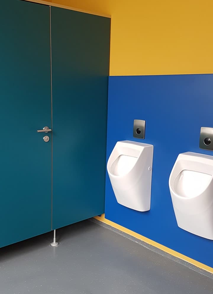 Farbkombination von Gelb und Blau in der Jungentoilette Farbkombination von Gelb und Blau in der Jungentoilette