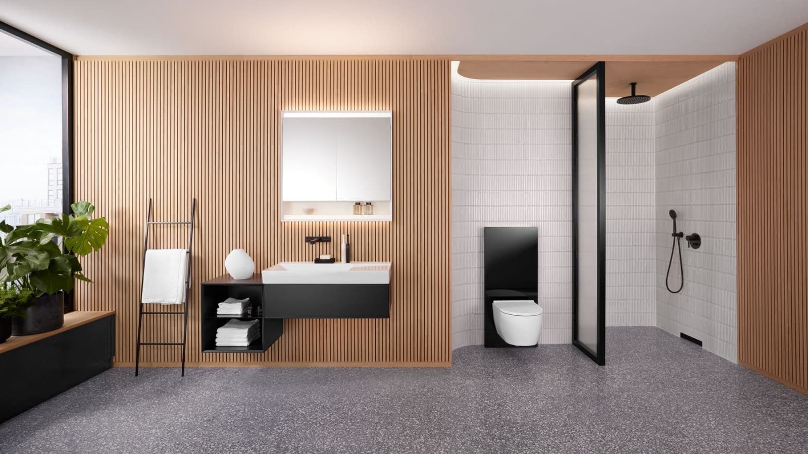 Badserie Geberit ONE in Kombination mit Geberit Monolith Plus in schwarz. Badserie Geberit ONE in Kombination mit Geberit Monolith Plus in schwarz.