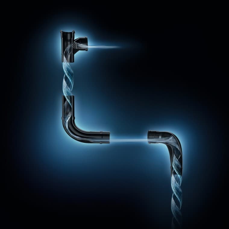 Hydraulisch optimierter Wasserdurchfluss mit Geberit SuperTube Formstücken. Hydraulisch optimierter Wasserdurchfluss mit Geberit SuperTube Formstücken.