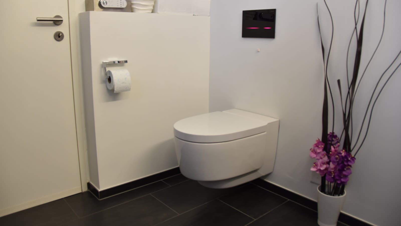 Badezimmer nach der Renovation mit Geberit Dusch-WC Mera und Sigma80 Betätigungsplatte Badezimmer nach der Renovation mit Geberit Dusch-WC Mera und Sigma80 Betätigungsplatte