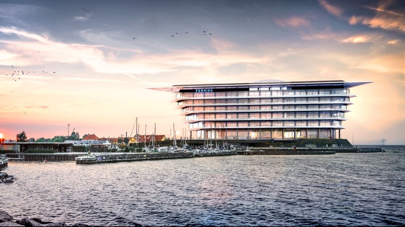 Eine Insel von schwebender Leichtigkeit: Der neue Hauptsitz des Pharmaunternehmens Ferring Pharmaceuticals in Kastrup, Dänemark (©Foster&Partners) Eine Insel von schwebender Leichtigkeit: Der neue Hauptsitz des Pharmaunternehmens Ferring Pharmaceuticals in Kastrup, Dänemark (©Foster&Partners)