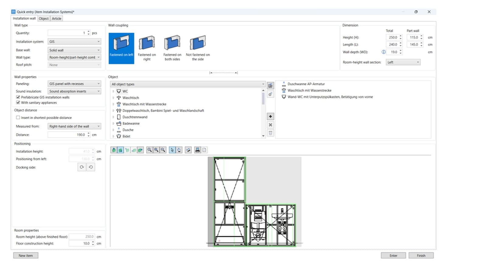 Benutzeroberfläche des Planungsmoduls für Installationssysteme in Geberit ProPlanner Benutzeroberfläche des Planungsmoduls für Installationssysteme in Geberit ProPlanner
